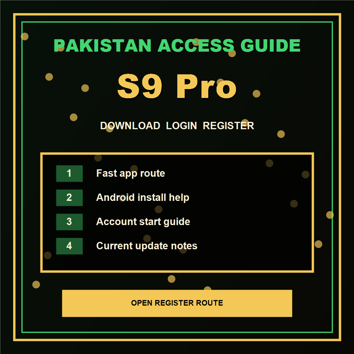 S9 Pro Pakistan login and register route visual
